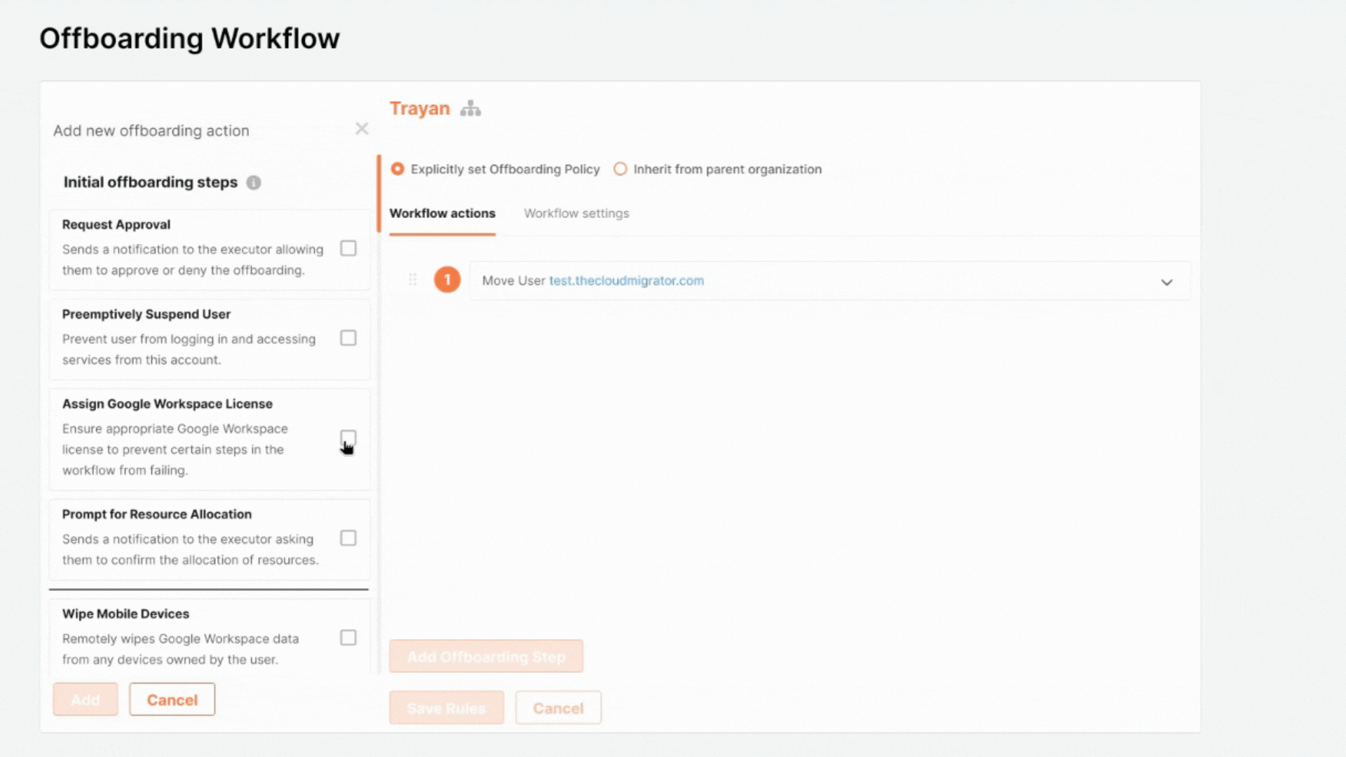 Tab showing the offboarding process in CloudM's Automation dashboard