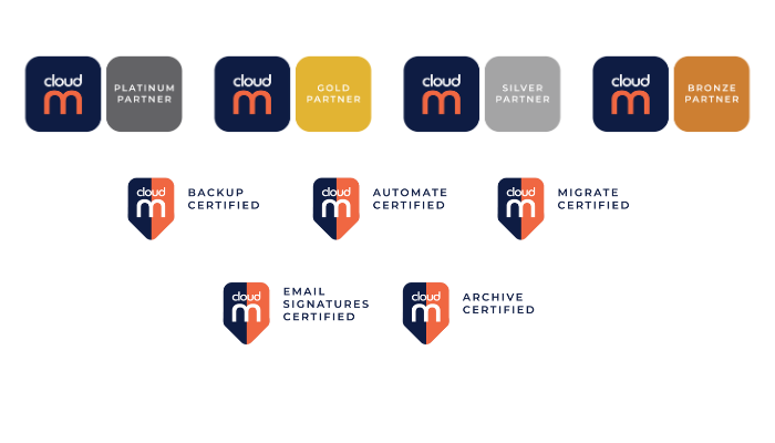 CloudM Partner logos and product certification badges