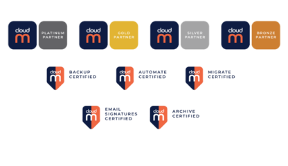 CloudM Partner logos and product certification badges