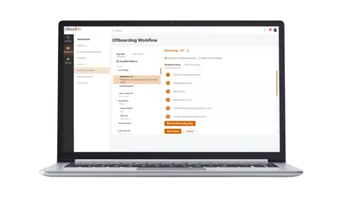 A laptop screen with CloudM Automate on screen, showing offboarding workflow configuration