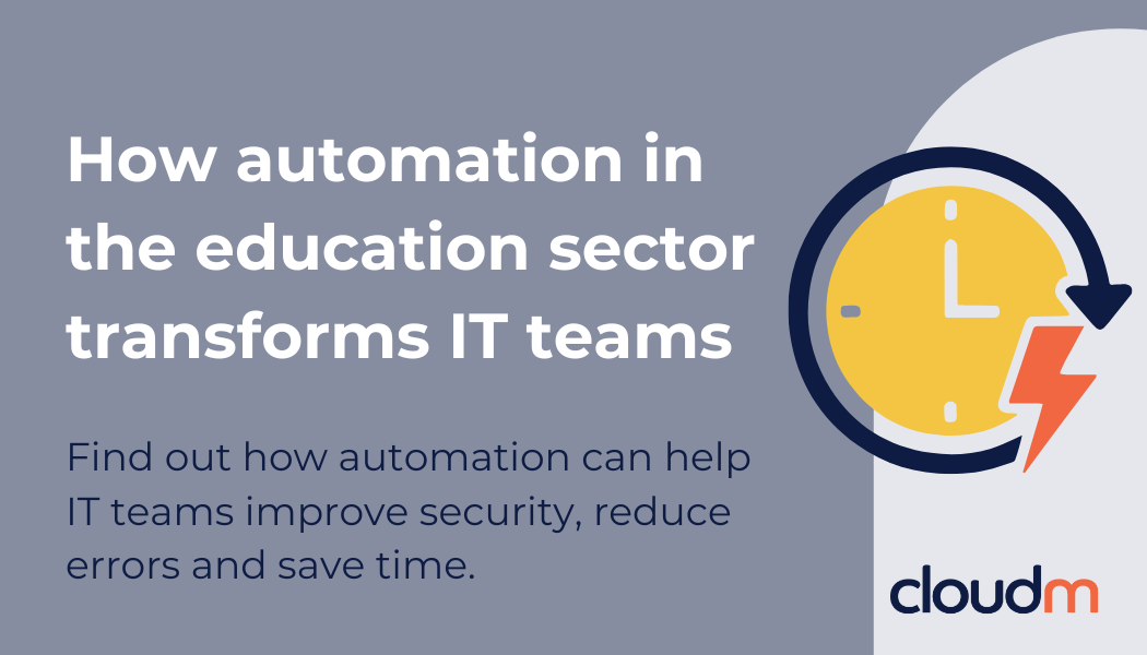 Graphic with the title "How automation in the education sector transforms IT teams" and a graphic of a clock cartoon style