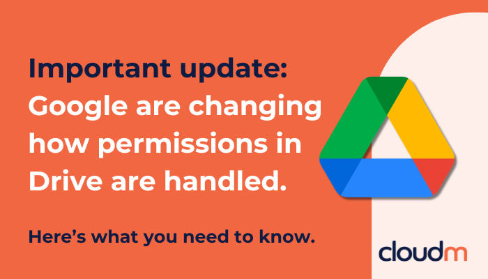 Orange background with text: 'Important update: Google are changing how permissions in Drive are handled. Here’s what you need to know.' Google Drive logo on the right. 'CloudM' logo at the bottom."