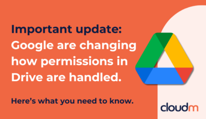 Orange background with text: 'Important update: Google are changing how permissions in Drive are handled. Here’s what you need to know.' Google Drive logo on the right. 'CloudM' logo at the bottom."