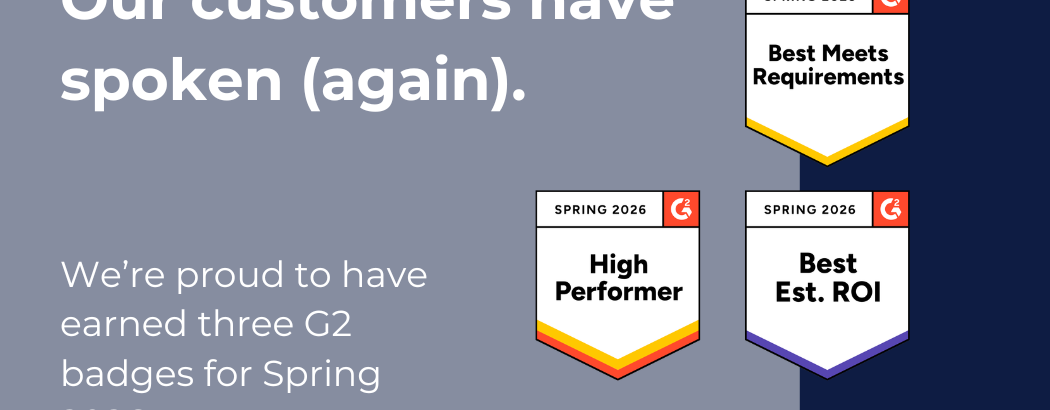 Image with the text 'Our customers have spoken (again).' Showcases three G2 badges for Spring 2026 labeled 'Best Meets Requirements,' 'High Performer,' and 'Best Est. ROI.' Below, it reads, 'We’re proud to have earned three G2 badges for Spring 2026.' The 'cloudM' logo is in the bottom right corner.