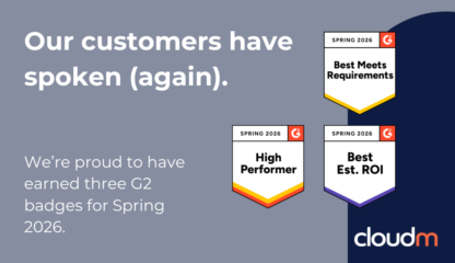 Image with the text 'Our customers have spoken (again).' Showcases three G2 badges for Spring 2026 labeled 'Best Meets Requirements,' 'High Performer,' and 'Best Est. ROI.' Below, it reads, 'We’re proud to have earned three G2 badges for Spring 2026.' The 'cloudM' logo is in the bottom right corner.