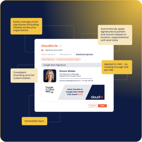 Dashboard interface for managing email signatures with features highlighted. Includes easy management, automation, customization, and immediate sync. Emphasizes consistent branding and integration without third-party routing.