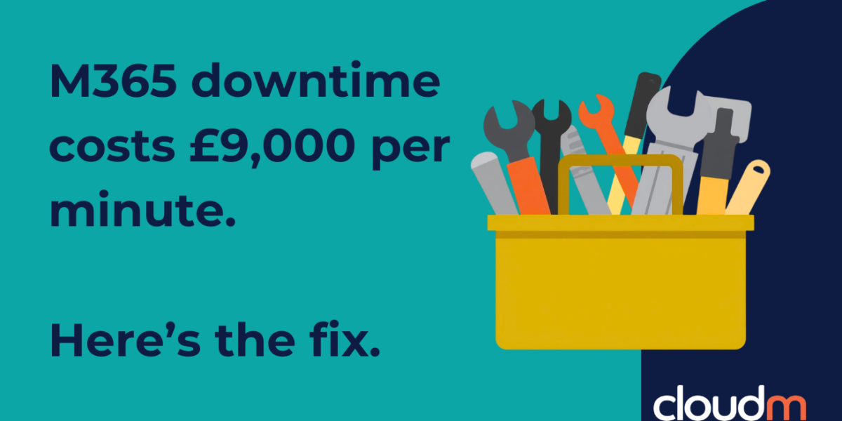 Yellow toolbox with various tools, like a wrench and screwdriver, on a teal background. Text reads "M365 downtime costs £9,000 per minute. Here's the fix." CloudM logo in the corner.