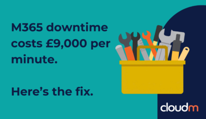 Yellow toolbox with various tools, like a wrench and screwdriver, on a teal background. Text reads "M365 downtime costs £9,000 per minute. Here's the fix." CloudM logo in the corner.