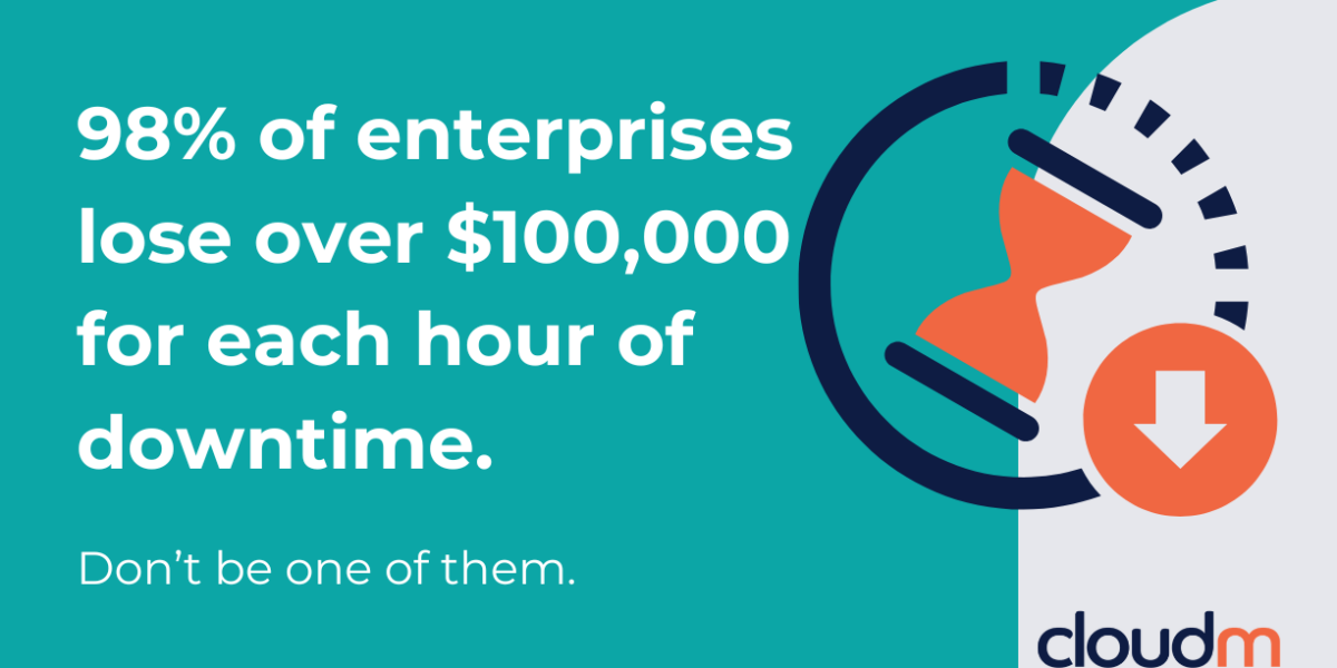 Infographic with blue background stating '98% of enterprises lose over $100,000 for each hour of downtime.' Features an hourglass and download icon. 'Don’t be one of them.' CloudM logo in corner.