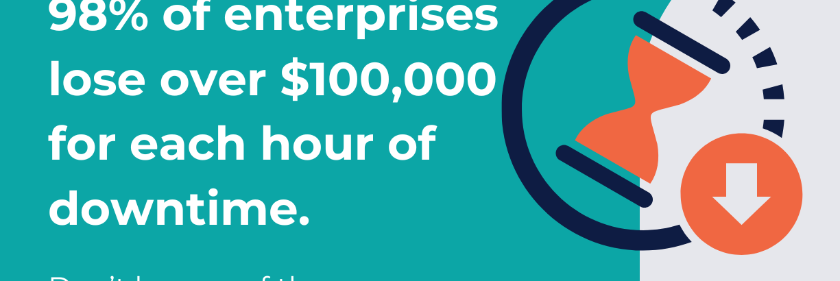 Infographic with blue background stating '98% of enterprises lose over $100,000 for each hour of downtime.' Features an hourglass and download icon. 'Don’t be one of them.' CloudM logo in corner.